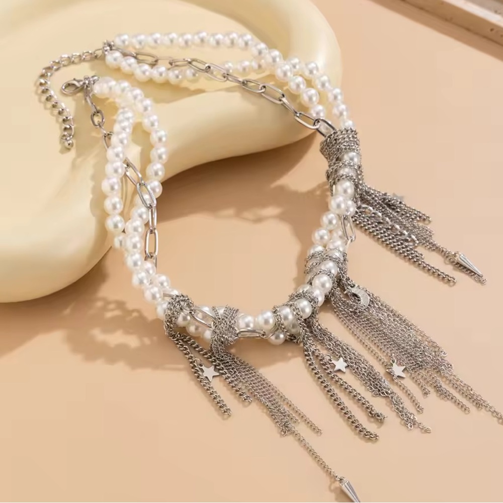 Pearl Silver Chain Statement Necklacelayered Chun… - image 5